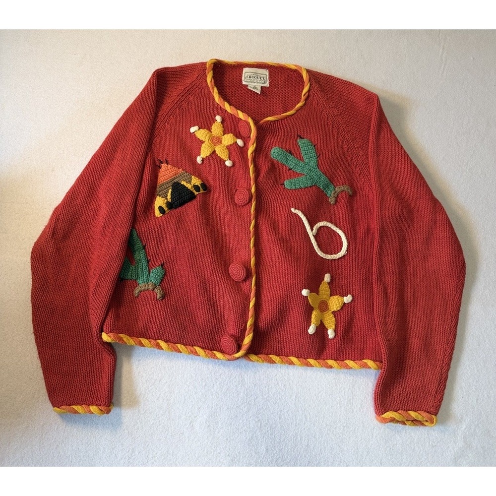 Vintage Croquet Club Cropped Long Sleeve Sweater Women's Size M Western Cactus